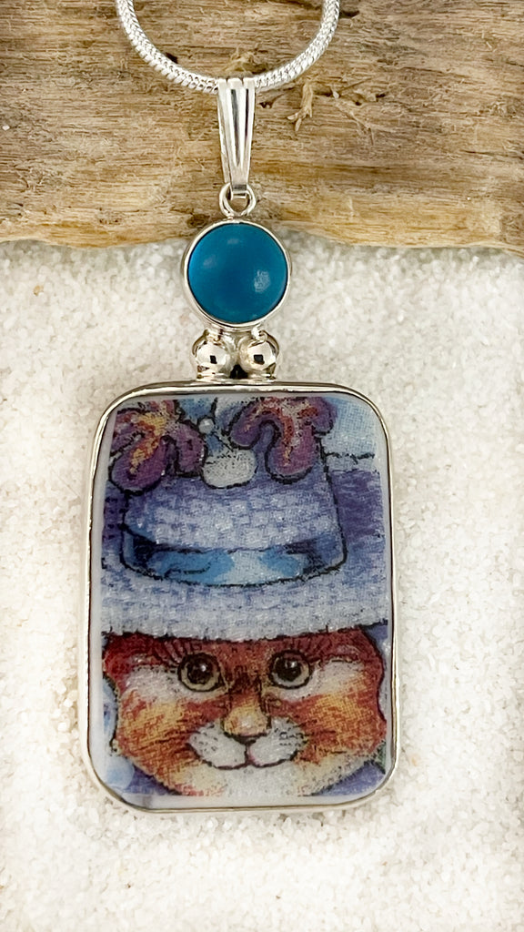 Vintage China Kats Blue Kitty Hat Pendant