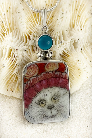 Vintage China Kats Blue Kitty Hat Pendant