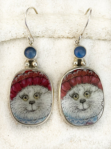 Vintage China Kats Orange Kitty Blue Hat Earrings